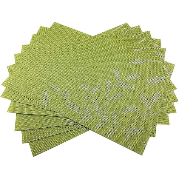 Place Mats PVC Set of 6, Table Placemats Set of 6 PVC Woven Vinyl Place Mats Table Mats Natural Color (6 pcs, Green Leaves)