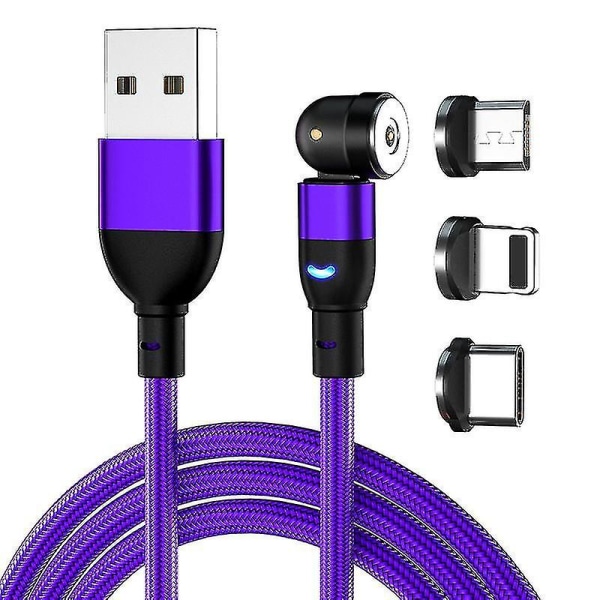Magneettinen latauskaapeli (1m/2m/3m), 540 astetta pyörivä magneettinen puhelimen latauskaapeli, 3 in 1 nylon magneettinen USB kaapeli tyypille C, mikro USB purple 3m