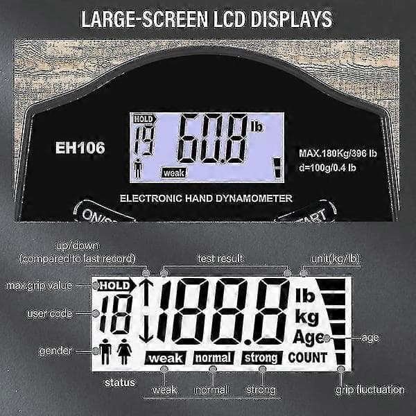 Grebstyrke Tester, 180 kg Digital Hånd Dynamometer Grebstyrke Måler USB LCD Display Hånd
