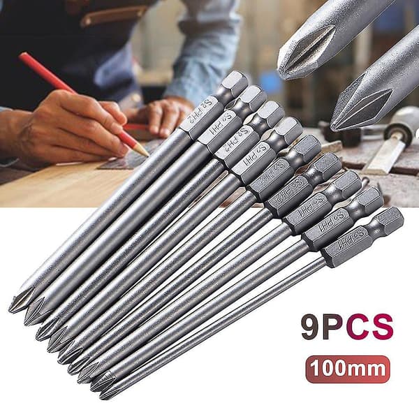 9-pack S2 Stål 100mm 1/4 tum Hex Magnetiska Ph1 Ph2 Korshuvud Skruvmejselbits Set