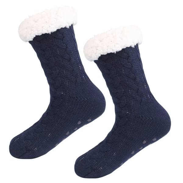 Furry varma stickade socktofflor med halkskydd blå