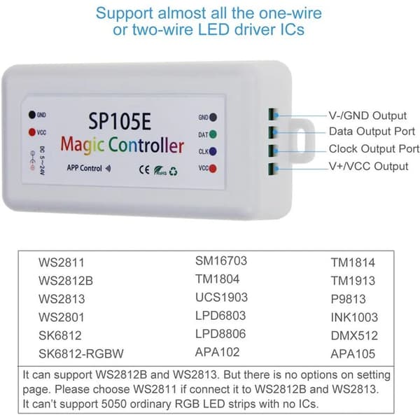 Magic Dream Bluetooth trådløs LED-lysstyring, farve, iOS, Android, DC5V-24V, ideel til WS2811, WS2812B, WS2801, SK6812 adresserbar LED-strip Pi