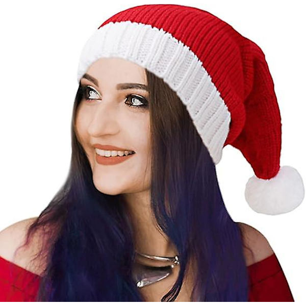 Jultomtemössa Julbeanie Xmas Partyhatt Röd Stickad Strumphatt Mössa för Vuxna Kvinnor Män, 1st