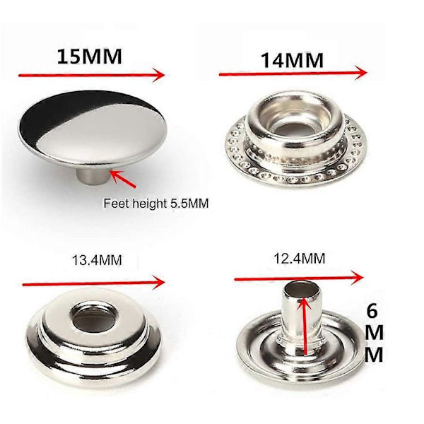 100 Stykker Rustfrit Stål Trykknapper, 15mm Heavy Duty Trykknap Trykknap Hætte til Jeans Stof Jakker Tøj Taske Læder DIY Håndværk