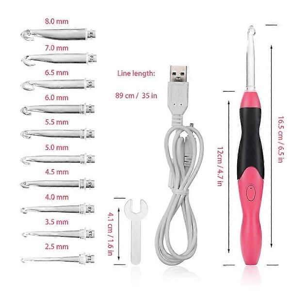 11-in-1 USB-led-valaistu virkkauskoukkujen ja neulontapuikkojen setti, ompelutyökalut