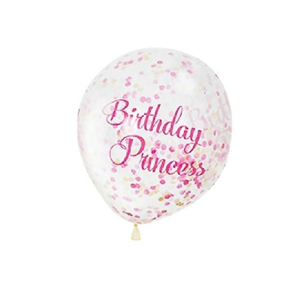 6 pakkaus kirkkaita ilmapalloja, joissa on konfetti ja syntymäpäiväprinsessa.