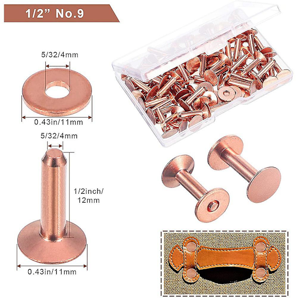 50 Set Koppar Nitar och Burr, Koppar Nitar för Läder för Bälten Plånböcker Kragar Läder DIY Hantverk Tillbehör 1/2 Tum