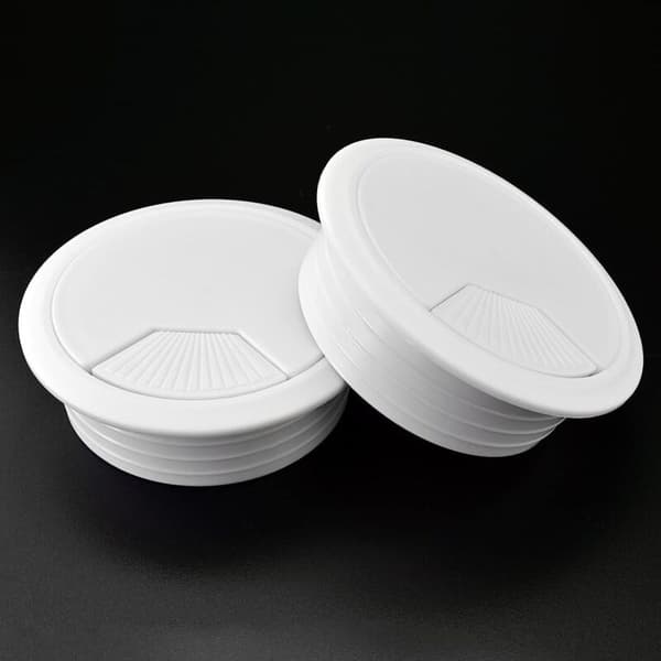 Pakke med 2 hvide 60 mm diameter skrivebordskabelgennemføringer – Kabelstyring til gaming-pc – Moderne design til arbejdspladser – Nem installation