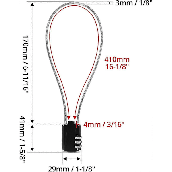 Tilbaketrekkende kabel-lås, digital kombinasjonshengelås med 41 cm kabel for motorsykkel, sykkel, snowboard, ski, kofferter, svart
