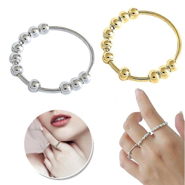 Rotatable Beaded Finger Ring Anti-stress Anxiety Ring Gifts 2 Pieces Gold And Silver