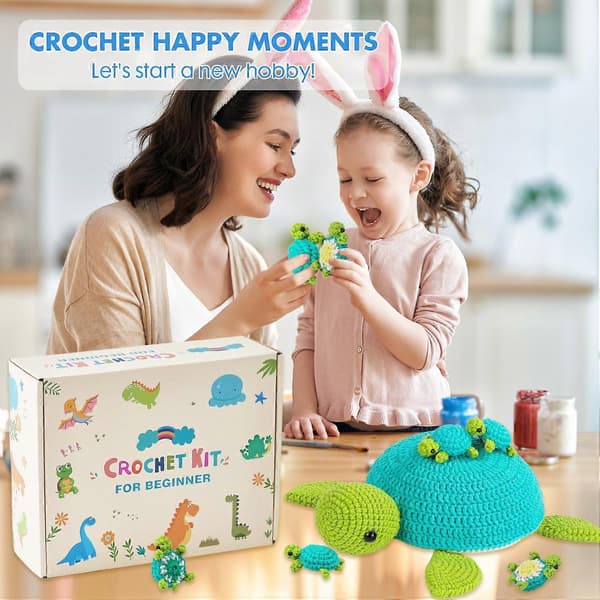 Hæklesæt til begyndere, 21 stk. Skildpaddefamilie med video-tutorials, DIY-gave