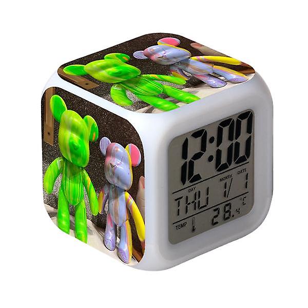 Cartoon Fluid Violent Bear Väckarklocka Led fyrkantig klocka Digital väckarklocka med tid, temperatur, alarm, datum