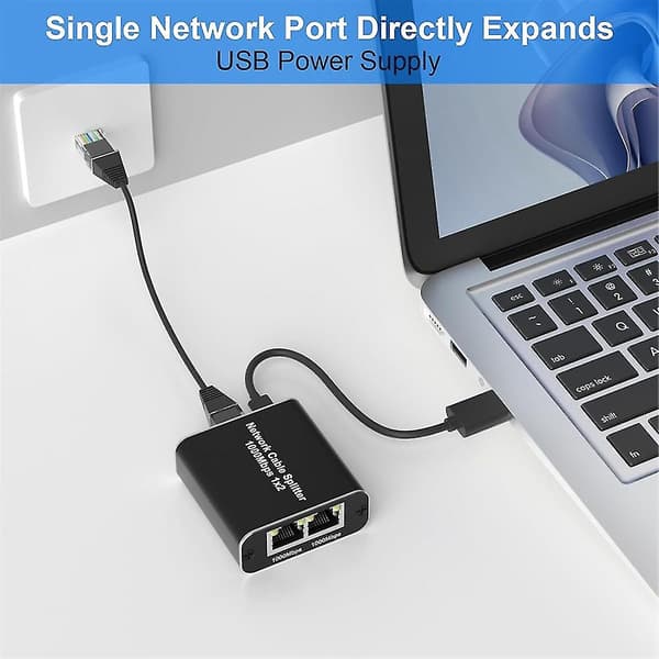 LAN Splitter 1 til 2, 1000 Mbps Ethernet Splitter 2 Ports Gigabit Netværks Splitter til Computer, Hub, Switch, Router