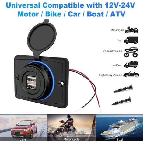 12V USB-uttak, Dobbel 12V USB-port, 3.1A USB billader, USB billader for bil, buss, bobil, båt