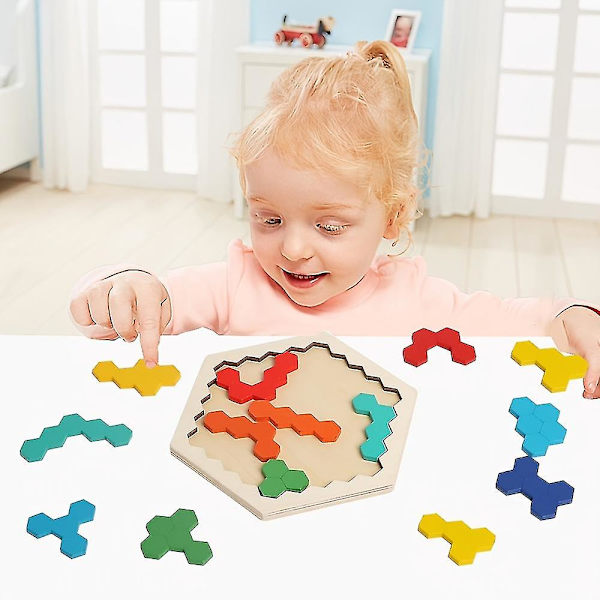 Træ Hexagon Puslespil Form Mønster Blok Tangram Hjerne Teaser Læring Legetøj Geometri Logik Iq Spil Gave
