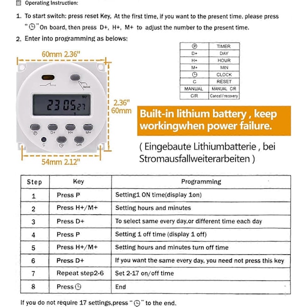 Cn101A Dc 12V Digital LCD Timer Programmerbar LCD Display Digital LCD Strømforsyning Ugentlig Timer Relæstyring Med Vandafvisende Dæksel Hvid