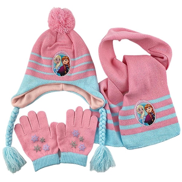 3pcs/set Girls Kids Frozen Anna And Elsa Winter Knitted Beanie Hat Scarf Gloves Gifts