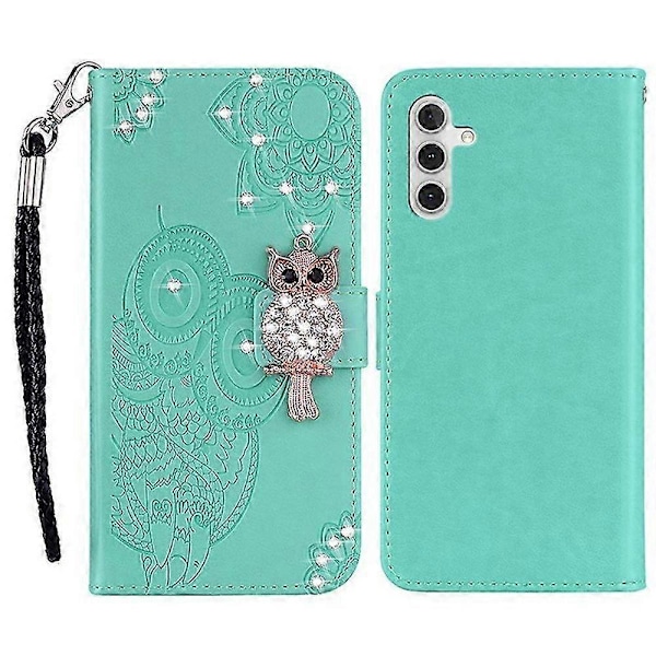 Mobilfodral för Samsung Galaxy A15 4G med Rhinestone Dekoration, Läder Stativ, Plånboksfodral, Cyan