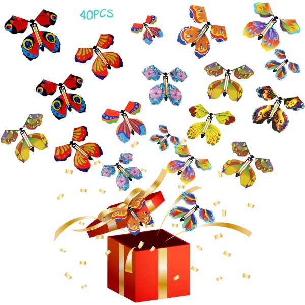 40 stycken magic flygande fjäril älva flygande leksak urverk gummiband driven fjärils leksak bokmärke och gratulationskort överraskning present