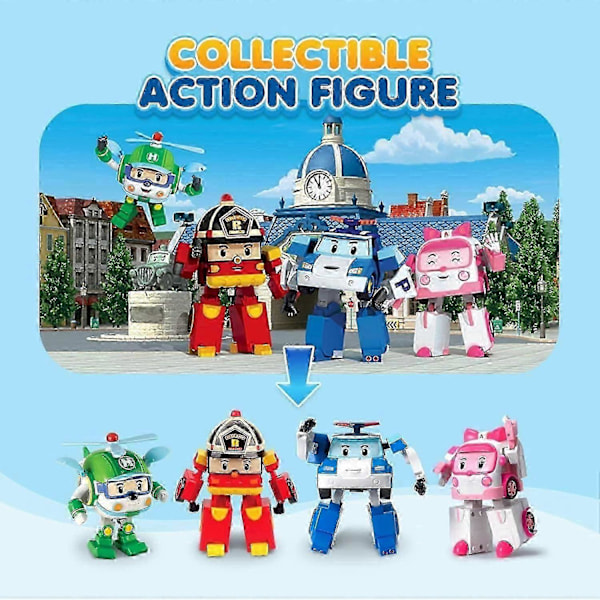Robocar Poli 4-pakning Poli + Amber + Roy + Helly Transformerende Robotleker, 10 cm Transformerbar Actionfigurleke, Redningskjøretøy LekeSett, Julebursdag