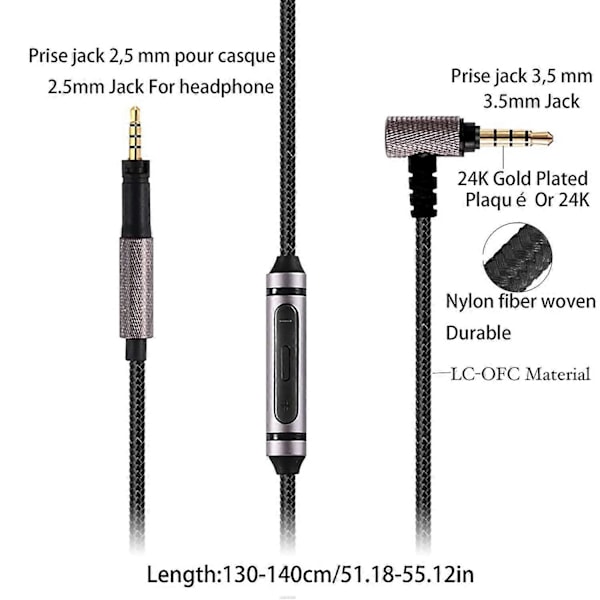 Udskiftningslydkabel til Sennheiser Momentum On-Ear Weave Headset Kabel med Mikrofon 3,5 mm til 2,5 mm