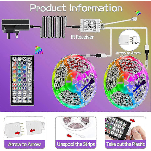 20m LED-lampor Bluetooth RGB-lampor LED-remsor med 44-knappars fjärrkontroll Musiksynkronisering Färgväxlande LED-stämningsremsa för sovrum, rum, jul D