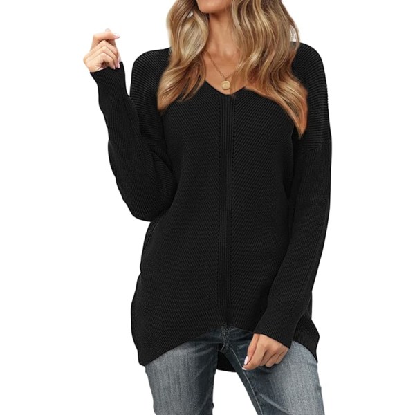 2023 Kvinder off-Shoulder V-hals sweater Løs Bat Wing Langærmet strikket sweater Pullover