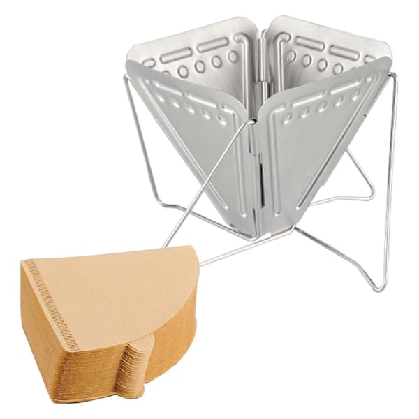 Kaffetragt Filterholder, Bærbar Foldbar Rustfrit Stål Genanvendelig Kaffekeglefilter 100 stk. Filterpapir til Picnic Camping