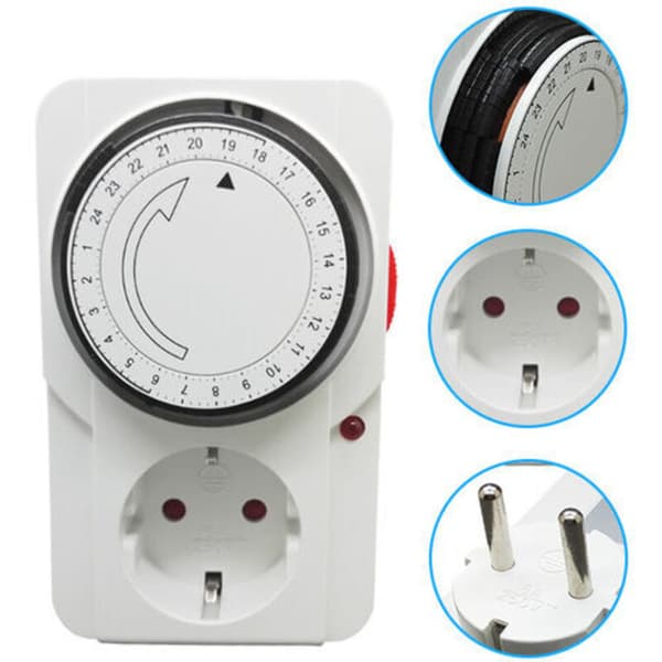 Mekanisk timer-kontakt. Indikatorlys. 3000W. Mekanisk timerstik, hvid, 16A