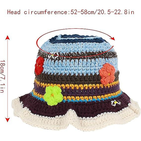 Hatt for kvinner og jenter - Strikket bøttehatt, stripete beanie, heklet fiskerhatt, vinter, casual, bøttehatt, 56-58 cm, blå