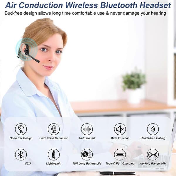 Bluetooth Headset med Mikrofon, Åbne Øre Høretelefoner Trådløs Støjreducerende Headset til Kontor