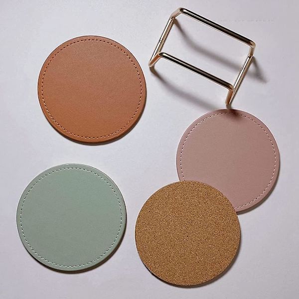Sæt med 6 grønne PU-læder coasters med metalstativ - Rund korkbase til sofabord