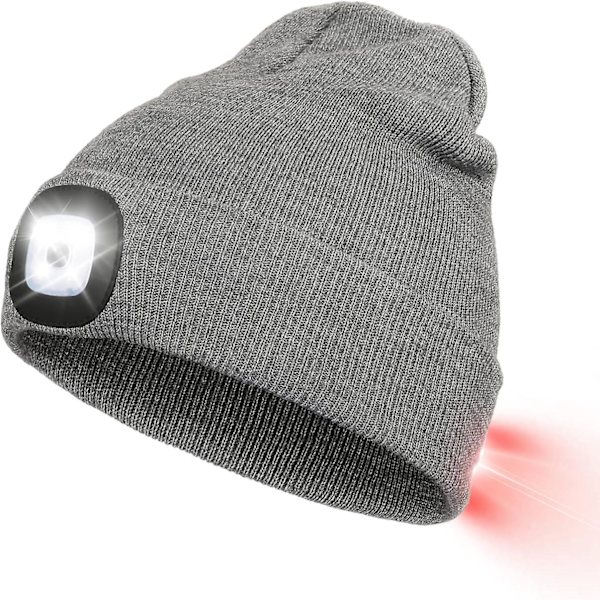 Hætte med LED-lys foran og bagpå, USB-genopladelige forlygter med 3 lysstyrker, strikket hue til jogging
