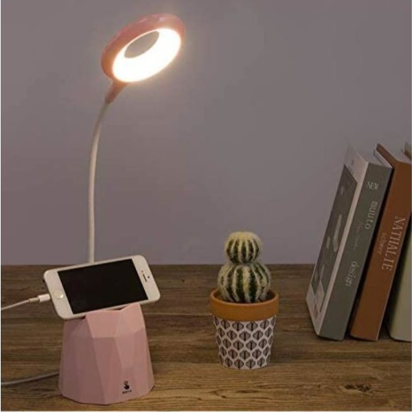 Skrivbordslampa, dimbar led-bordslampa, bordslampa för att skydda barns ögon med 3 ljuslägen (rosa)