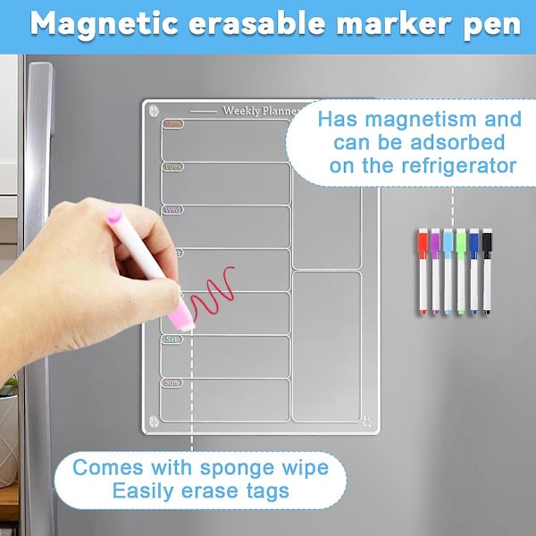 Akryl magnetisk menuplan til køkken, akryl ugentlig køleskabskalender, akryl whiteboard til køleskab med 6 magnetiske viskelæsbare