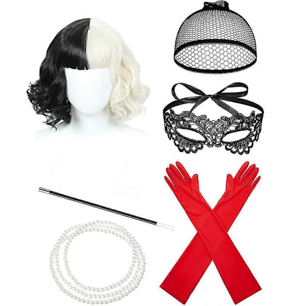 Cruella-asu Naiset 70-luvun Asusteet, Lyhyt Musta ja Valkoinen Peruukki Pidikkeellä, Hanskat, Kaulakoru, Pitsi Mask, Peruukki Hattu, Halloween-asu Naiset, Fan