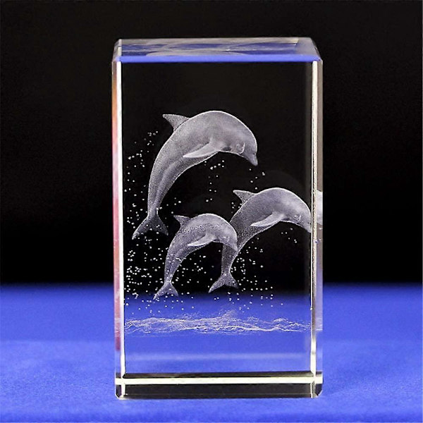 KRYSTALGLAS-DELFIN PYNTMODEL, 3D lasergraveret krystaldelfin figur