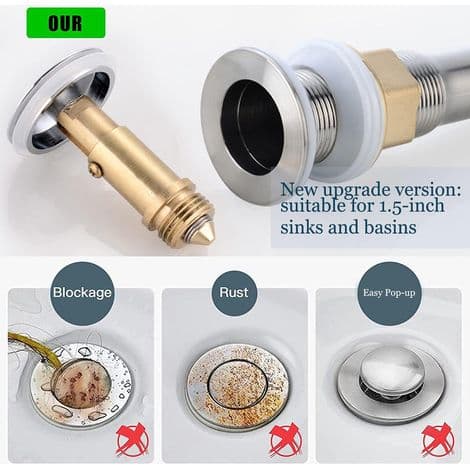 38 mm Pop-Up Click-Clack avløpsplugg for baderomsvask, kjøkkenvask, baderomsvask, solid messingplugg med forkrommet finish