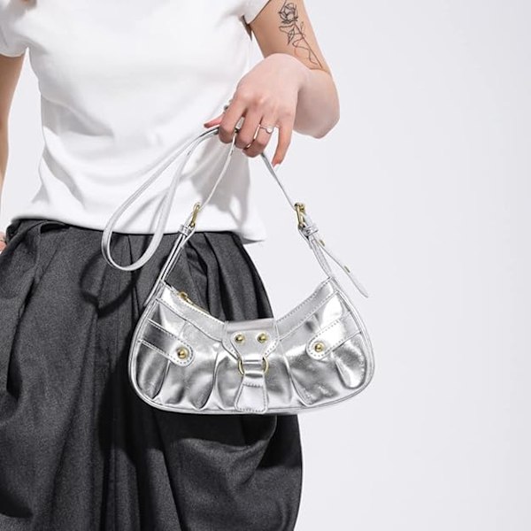 Dam axelväska punk stil nitar handväskor PU läder halvmåne väska Y2k plånbok halvmåne underarm väska motorcykel axelväskor-Silver
