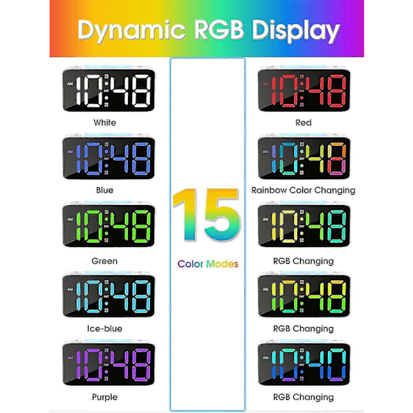 Super Høy Alarmklokke for Tunge Sovere Voksne, RGB Digital Klokke med 7 Farger Nattelys (Svart+RGB)