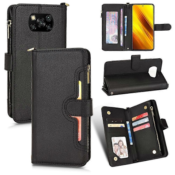 Fodral för Xiaomi POCO X3 NFC Omslag Dragkedja Magnetisk Plånbok Korthållare PU Läder Flip Case Svart