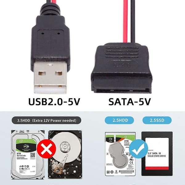 U2-070-1P DC 5V Enkelt USB til SATA 15-Pin Strømkabel til 2,5-tommer SATA HDD SSD Diskdriver, 5V 2A