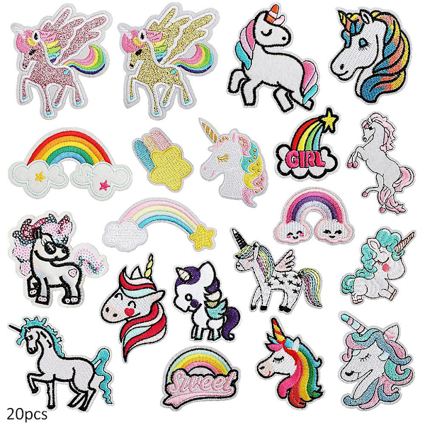 20 kpl Piirretty Yksisarvinen Sarja Kirjonta Laastareita, Ommeltava Tai Silitys Laastari Applique Vaatteille, Mekolle, Hatulle, Farkuille, Laukulle, DIY Tarvikkeille