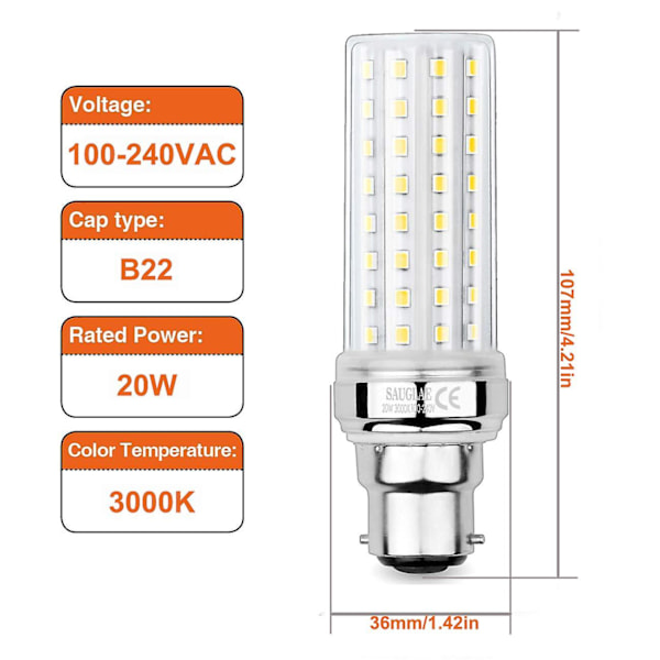 20w LED-maissinvalot, 150w vastaava hehkulamppu, 2300lm, 3000k lämmin valkoinen, B22 bajonettilamput, 3 kpl