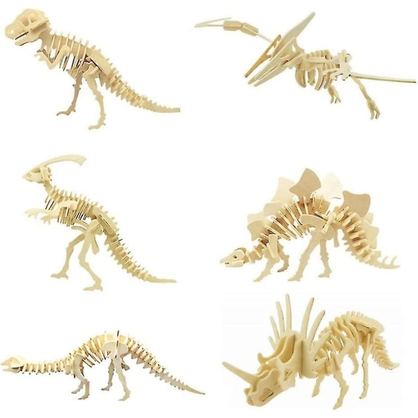3d tredinosaurpuslespill - 6 delers sett tredinosaurskjelettmodellpuslespill - DIY trehåndverk 3d-puslespill - stammeleker Gaver til barn og voksne