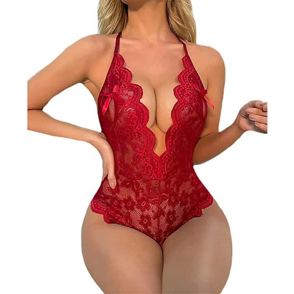 Naisten seksikäs yhden kappaleen tuhma alusasu syvä V-aukko leikattu läpinäkyvä selkä avoin pyjama red M