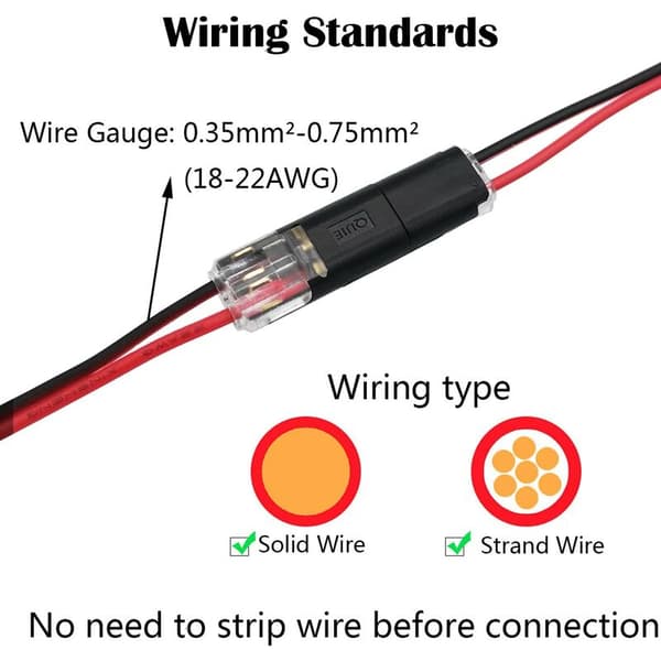 Lavspændingsledningsforbindere, 10 stk. 2-bens elektriske ledningsforbindere, til 18-22 AWG kabel