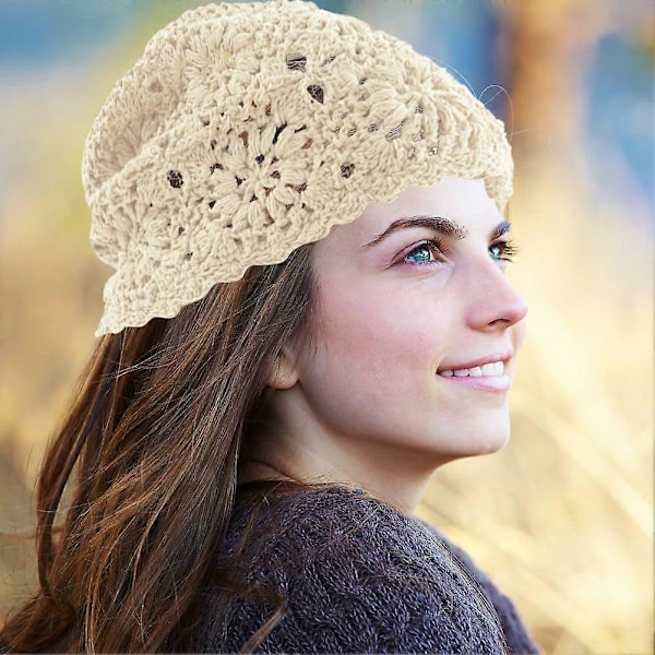 Heklet bomullshette for kvinner, håndlaget strikket blomstrete slouchy beanie-lue med utskjæringer