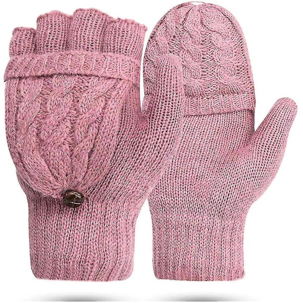 Damer Handsker Fingerløse Vanter - Dame Handsker Vinter Varme Strikket Fingerløse Handsker Uld Vanter Flap Cover Tekstning Handsker Pink