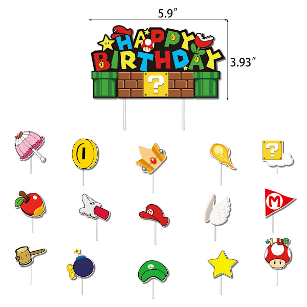 Mario-teemaisen syntymäpäiväjuhlan lippu, kakkukoriste, kortti, ilmapallosetti ja koristetarvikkeet